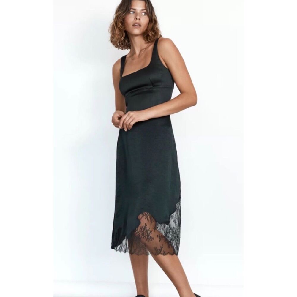 WILFRED Sonnet Black Satin Lace Trim Midi Lingerie Slip Skirt, Sz 4